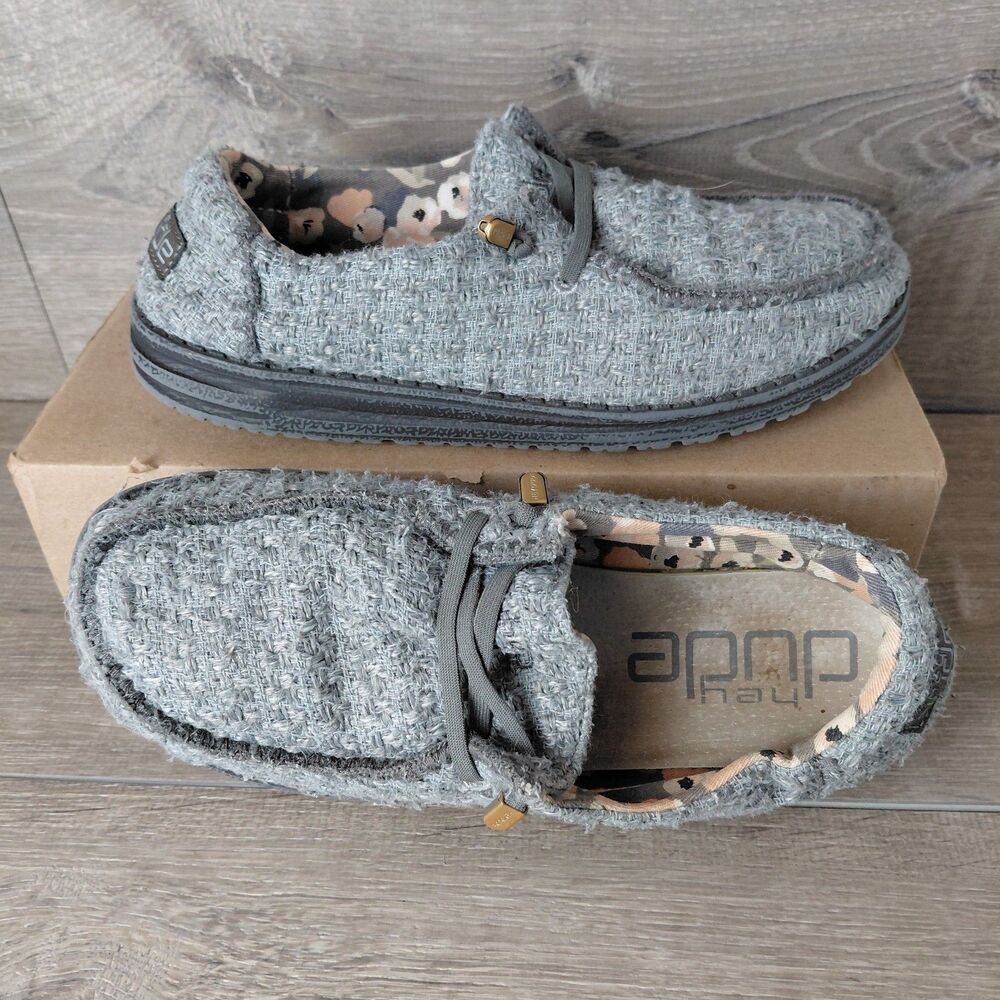 Hey Dude Shoes Womens 8 Gray Wendy Woven Slip On Casual Beach Loafers Sneakers